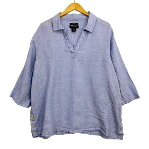 Tahari Top Womens 2X Blue Linen Tunic Casual Relaxed Gauze Nautical